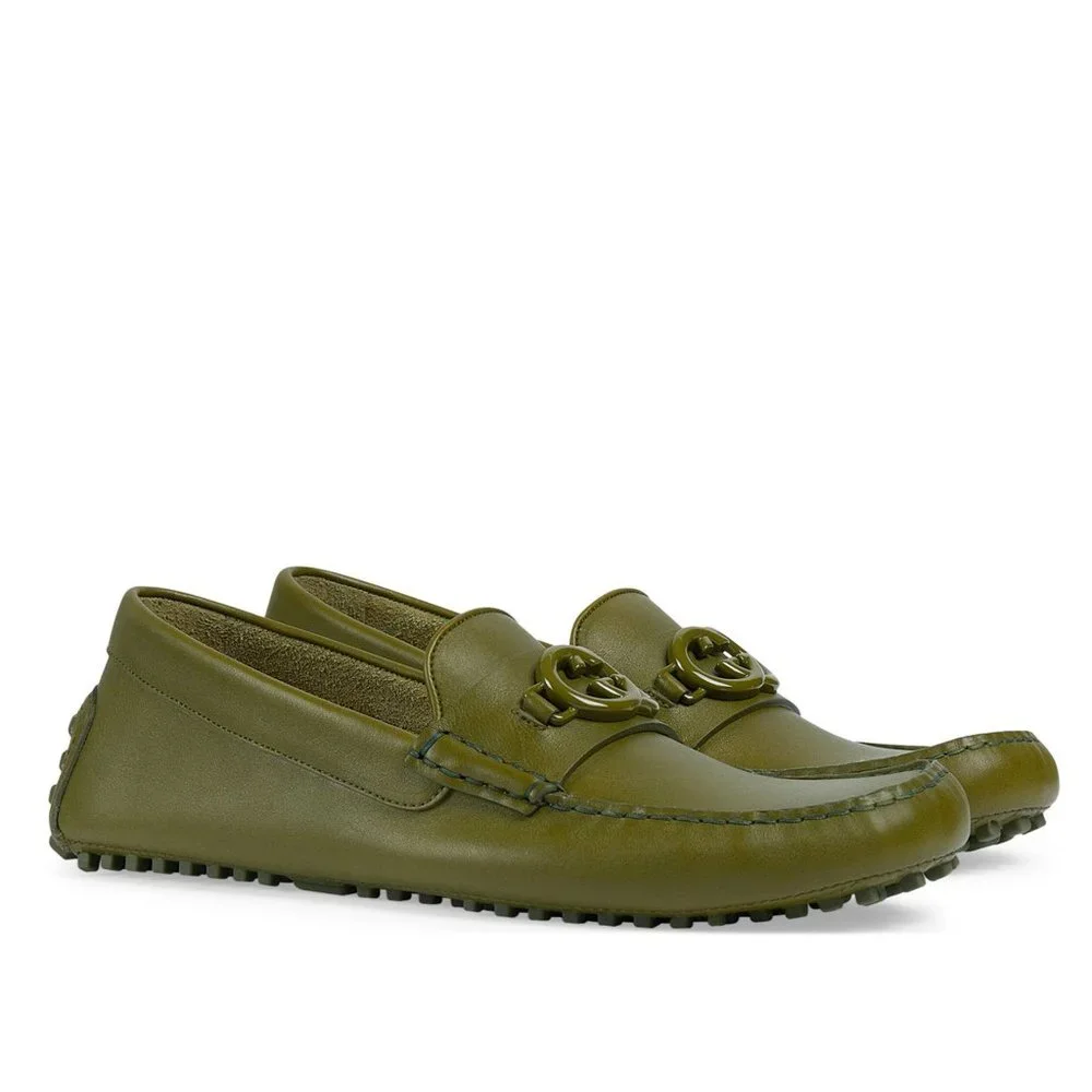 GUCCI SHOES MENS LOAFERS MOCCASINS G LOGO GREEN LEATHER sz 9G 9.5
